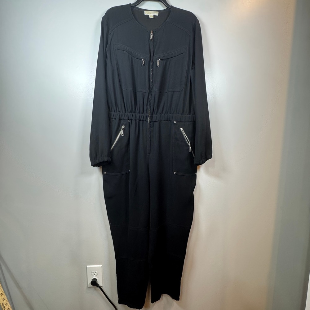 MICHAEL Michael Kors Womens XL Black Utility Jumpsuit Zip Front Long Sleeve Chic